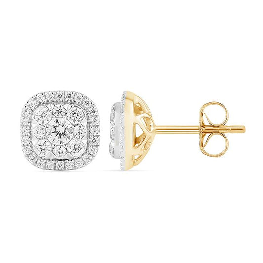 Image of Earrings. Productname: Cushion Shape Cluster Halo Stud Earrings with 1.00tw of Laboratory-Grown Diamonds in 9kt Yellow Gold in Diamond colour by brand - Bevilles