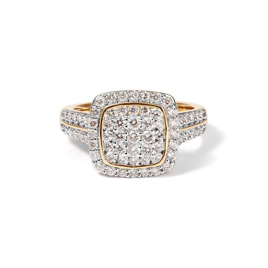 Image of Jewelry. Productname: Cushion Shaped Ring with 1.00tw of Laboratory-Grown Diamonds in 9kt Yellow Gold in Diamond colour by brand - Bevilles