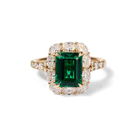 Image of Jewelry. Productname: Created Emerald Halo Ring with 1.26tw of Laboratory-Grown Diamonds in 9kt Yellow Gold in Diamond colour by brand - Bevilles