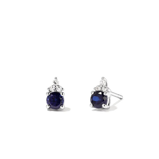 Image of Earrings. Productname: Birthstone Teardrop Stud Earrings with Created Sapphire and 0.05tw of Laboratory-Grown Diamonds in Sterling Silver and Platinum in Diamond colour by brand - Bevilles