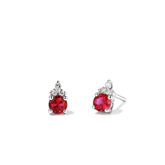 Image of Earrings. Productname: Birthstone Teardrop Stud Earrings with Created Ruby and 0.05tw of Laboratory-Grown Diamonds in Sterling Silver and Platinum in Diamond colour by brand - Bevilles
