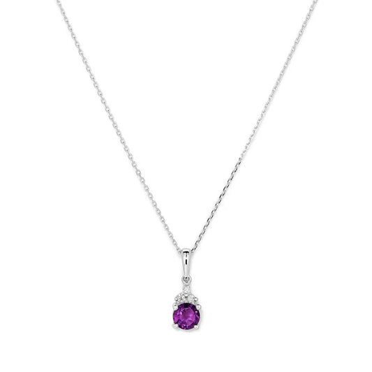 Image of Charms. Productname: Birthstone Teardrop Pendant Necklace with Natural Amethyst and 0.05tw of Laboratory-Grown Diamonds in Sterling Silver and Platinum in Diamond colour by brand - Bevilles