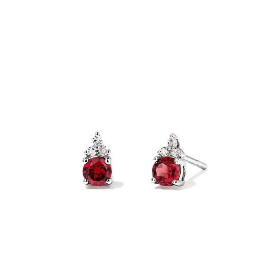 Image of Earrings. Productname: Birthstone Teardrop Stud Earrings with Natural Red Garnet and 0.05tw of Laboratory-Grown Diamonds in Sterling Silver and Platinum in Diamond colour by brand - Bevilles