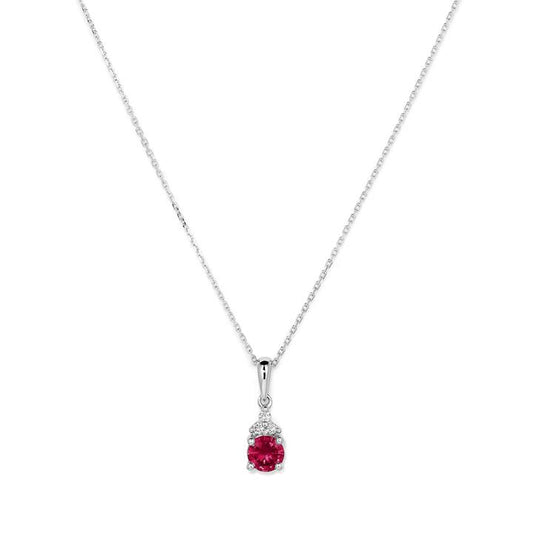 Image of Charms. Productname: Birthstone Teardrop Pendant Necklace with Created Ruby and 0.05tw of Laboratory-Grown Diamonds in Sterling Silver and Platinum in Diamond colour by brand - Bevilles
