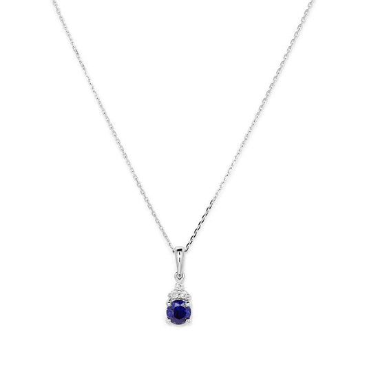 Image of Charms. Productname: Birthstone Teardrop Pendant Necklace with Created Sapphire and 0.05tw of Laboratory-Grown Diamonds in Sterling Silver and Platinum in Diamond colour by brand - Bevilles