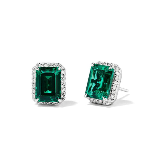 Image of Earrings. Productname: Created Emerald Halo Stud Earrings with 0.22tw of Laboratory Created Diamonds in Sterling Silver and Platinum in Diamond colour by brand - Bevilles