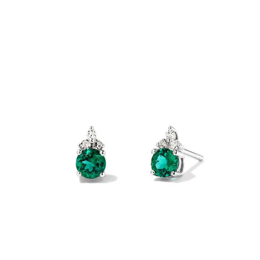 Image of Earrings. Productname: Birthstone Teardrop Stud Earrings with Created Emerald and 0.05tw of Laboratory-Grown Diamonds in Sterling Silver and Platinum in Diamond colour by brand - Bevilles
