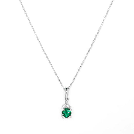 Image of Charms. Productname: Birthstone Teardrop Pendant Necklace with Created Emerald and 0.05tw of Laboratory-Grown Diamonds in Sterling Silver and Platinum in Diamond colour by brand - Bevilles