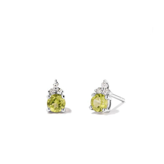 Image of Earrings. Productname: Birthstone Teardrop Stud Earrings with Natural Peridot and 0.05tw of Laboratory-Grown Diamonds in Sterling Silver and Platinum in Diamond colour by brand - Bevilles