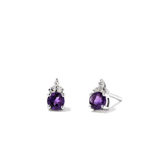 Image of Earrings. Productname: Birthstone Teardrop Stud Earrings with Natural Amethyst and 0.05tw of Laboratory-Grown Diamonds in Sterling Silver and Platinum in Diamond colour by brand - Bevilles
