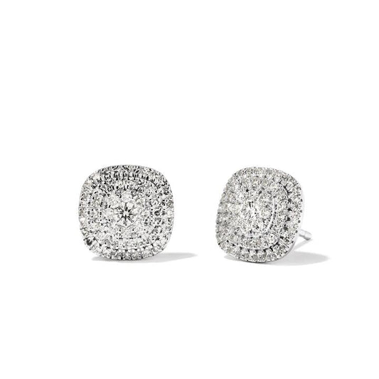 Image of Earrings. Productname: Cushion Shaped Cluster Halo Stud Earrings with 0.70tw of Laboratory-Grown Diamonds in Sterling Silver and Platinum in Diamond colour by brand - Bevilles