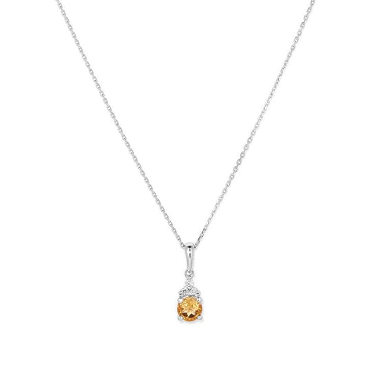 Image of Charms. Productname: Birthstone Teardrop Pendant Necklace with Natural Citrine and 0.05tw of Laboratory-Grown Diamonds in Sterling Silver and Platinum in Diamond colour by brand - Bevilles