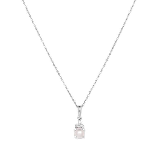 Image of Charms. Productname: Birthstone Teardrop Pendant Necklace with Freshwater Pearl and 0.05tw of Laboratory-Grown Diamonds in Sterling Silver and Platinum in Diamond colour by brand - Bevilles