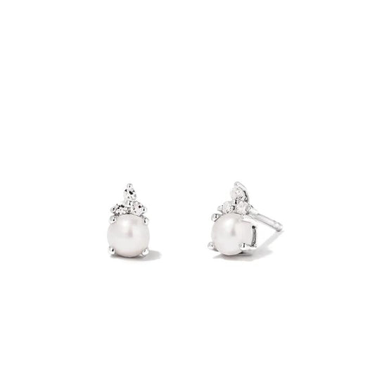 Image of Earrings. Productname: Birthstone Teardrop Stud Earrings with Cultured Freshwater Pearl and 0.05tw of Laboratory-Grown Diamonds in Sterling Silver and Platinum in colour by brand - Bevilles