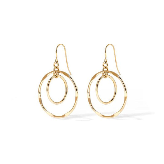 Image of Earrings. Product name - Double Circle Drop Earrings in 9kt Yellow Bonded Gold in colour by brand - Bevilles