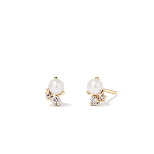 Image of Earrings. Productname: Cluster Pearl and Cubic Zirconia Stud Earrings in 9kt Yellow Gold in Gold colour by brand - Bevilles