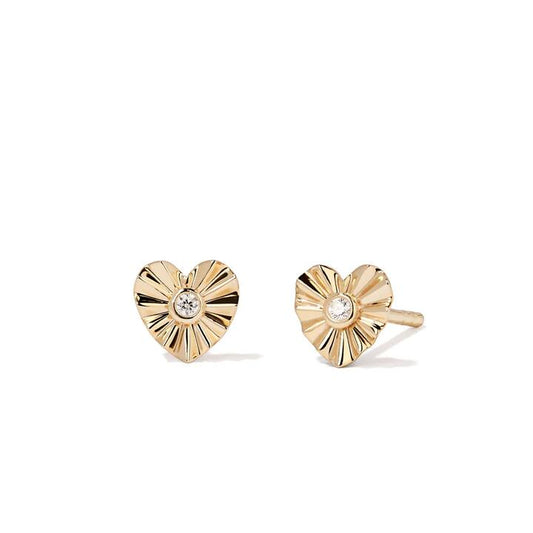 Image of Earrings. Productname: Cubic Zirconia Fluted Heart Stud Earrings in 9kt Yellow Gold in Gold colour by brand - Bevilles