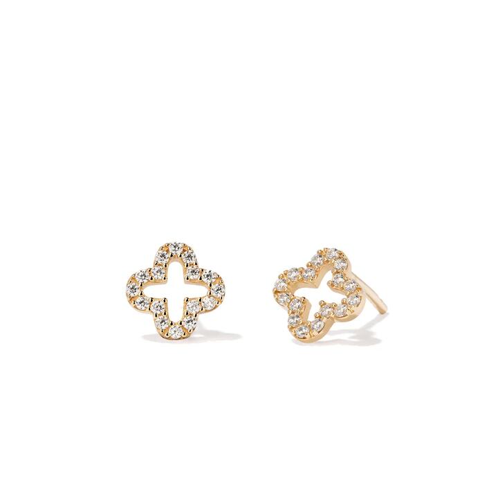 Image of Earrings. Productname: Cubic Zirconia Clover Cut Out Stud Earrings in 9kt Yellow Gold in Gold colour by brand - Bevilles