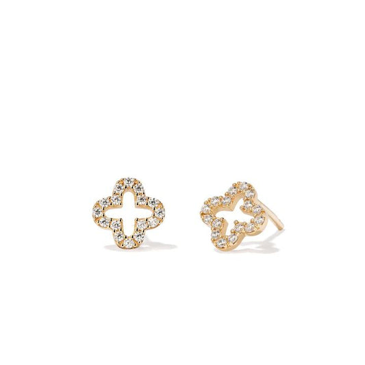 Image of Earrings. Productname: Cubic Zirconia Clover Cut Out Stud Earrings in 9kt Yellow Gold in Gold colour by brand - Bevilles