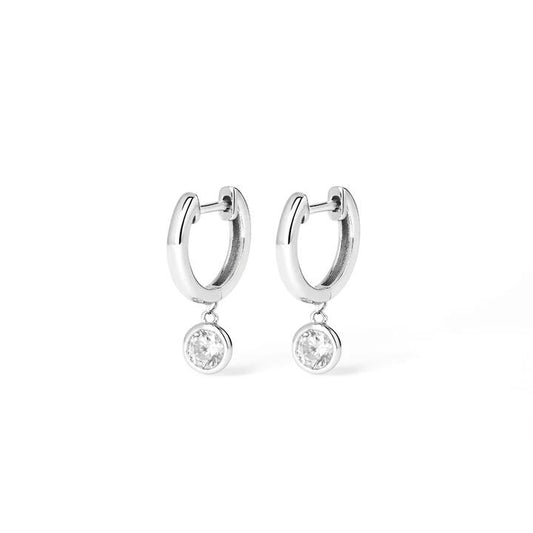 Image of Earrings. Productname: Cubic Zirconia Bezel Drop Huggie Earrings in Sterling Silver in Silver colour by brand - Bevilles