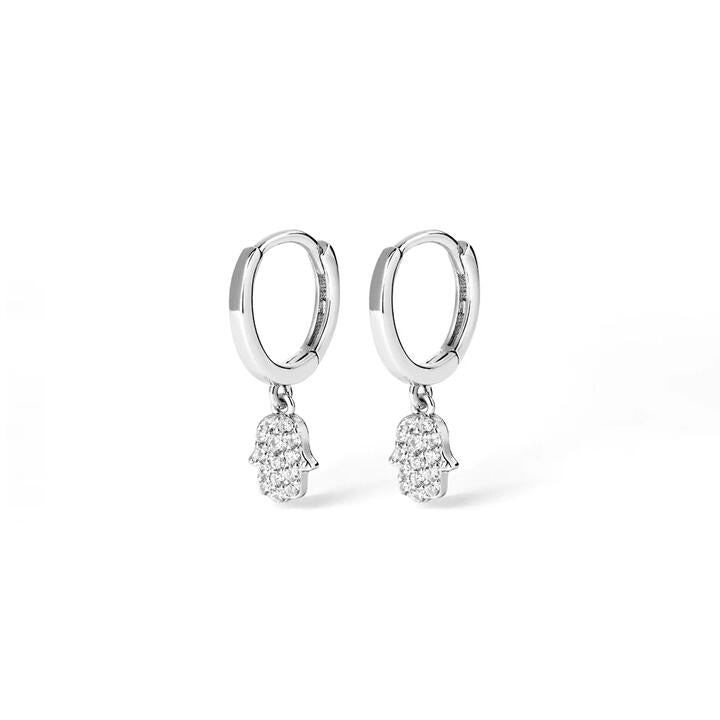Image of Earrings. Productname: Cubic Zirconia Hamsa Drop Huggie Earrings in Sterling Silver in Silver colour by brand - Bevilles