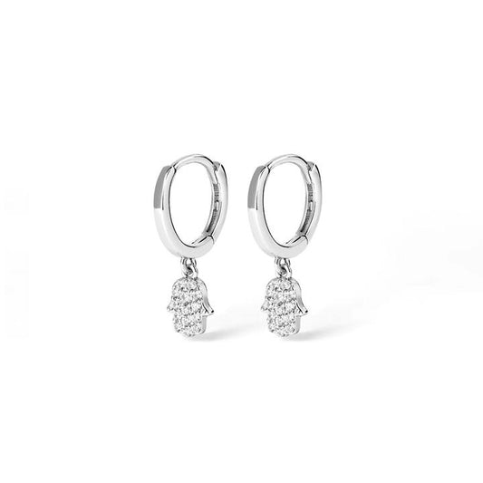 Image of Earrings. Productname: Cubic Zirconia Hamsa Drop Huggie Earrings in Sterling Silver in Silver colour by brand - Bevilles