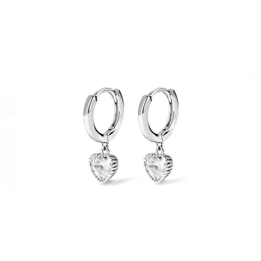 Image of Earrings. Productname: Cubic Zirconia Heart Drop Huggie Earrings in Sterling Silver in Silver colour by brand - Bevilles