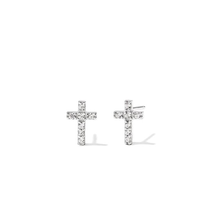 Image of Earrings. Product name - Cubic Zirconia Cross Stud Earrings in Sterling Silver in colour by brand - Bevilles