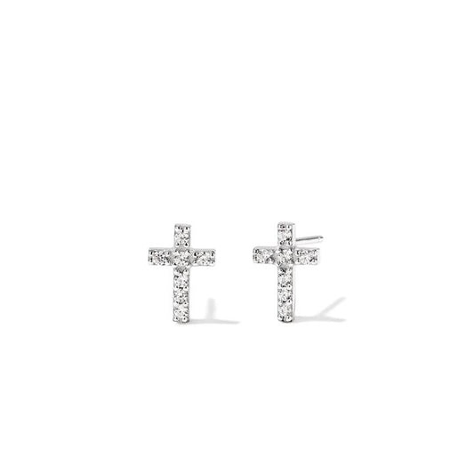 Image of Earrings. Product name - Cubic Zirconia Cross Stud Earrings in Sterling Silver in colour by brand - Bevilles