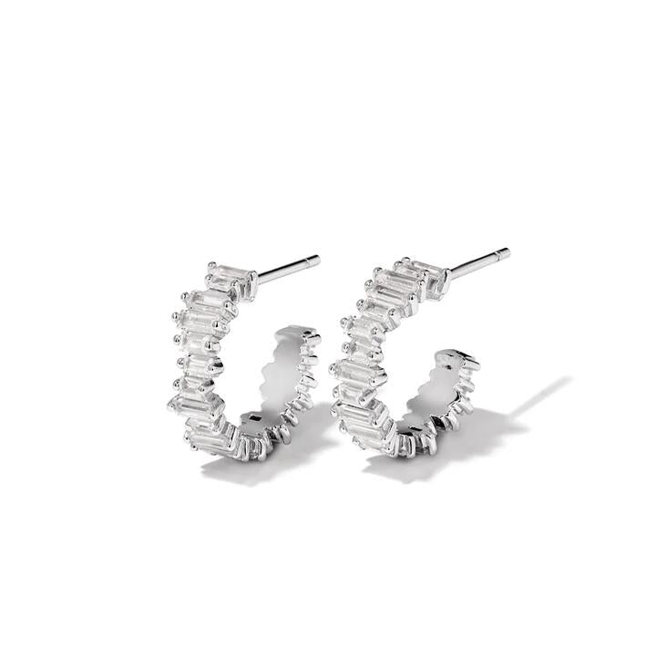 Image of Earrings. Productname: Cubic Zirconia Asymmetric Baguette Hoop Stud Earrings in Sterling Silver in Silver colour by brand - Bevilles