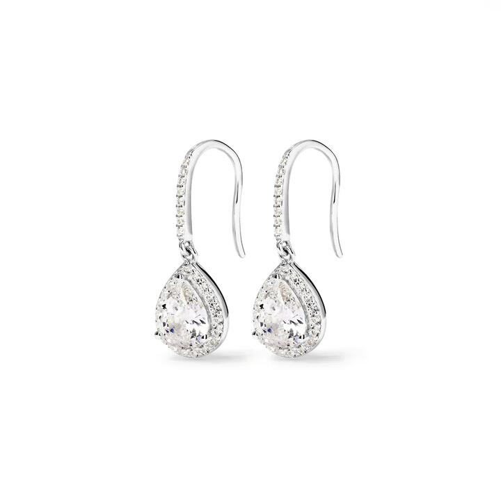 Image of Earrings. Productname: Cubic Zirconia Pear Halo Drop Earrings in Sterling Silver in Silver colour by brand - Bevilles