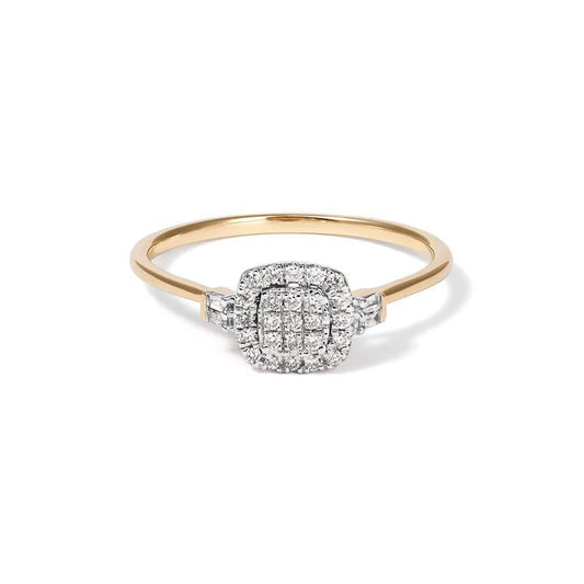 Image of Jewelry. Productname: Multi Cushion Halo Ring with 0.12tw of Diamonds in 9kt Yellow Gold in Diamond colour by brand - Bevilles