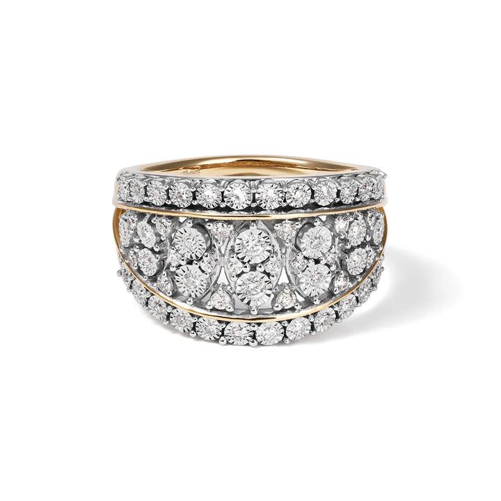 Image of a model wearing Dress. Productname: Illusion Dress Ring with 0.33tw of Diamonds in 9kt Yellow Gold in Diamond colour by brand - Bevilles