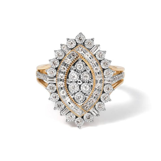 Image of Jewelry. Productname: Marquise Shape Illusion Ring with 0.50tw of Diamonds in 9kt Yellow Gold in Diamond colour by brand - Bevilles