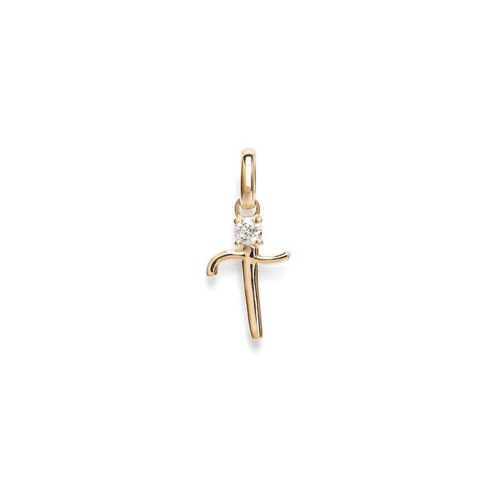 Image of Charms. Product name - Initial T Pendant with Solitaire 0.05ct Laboratory-Grown Diamond in 9kt Yellow Gold in colour by brand - Bevilles