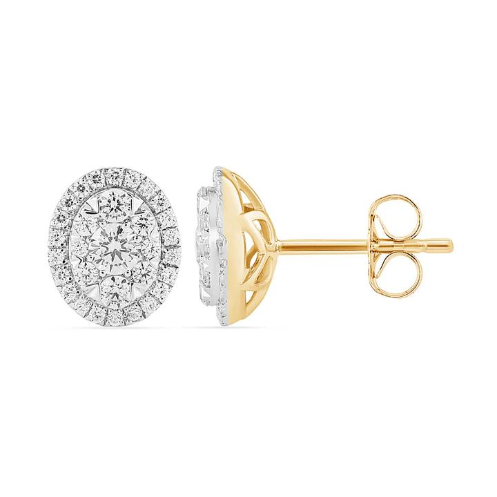 Image of Earrings. Productname: Oval Shape Cluster Halo Stud Earrings with 0.75tw of Laboratory-Grown Diamonds in 9kt Yellow Gold in Diamond colour by brand - Bevilles