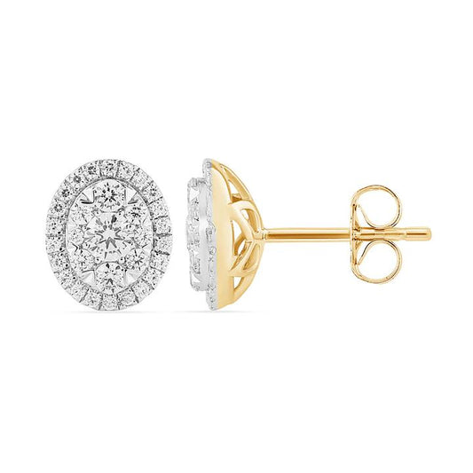 Image of Earrings. Productname: Oval Shape Cluster Halo Stud Earrings with 0.75tw of Laboratory-Grown Diamonds in 9kt Yellow Gold in Diamond colour by brand - Bevilles