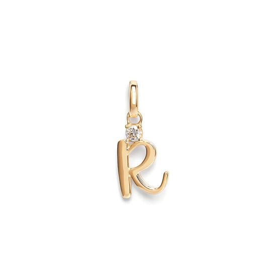 Image of Charms. Productname: Initial R Pendant with Solitaire 0.05ct Laboratory-Grown Diamond in 9kt Yellow Gold in colour by brand - Bevilles