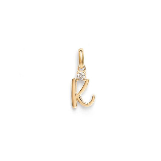 Image of Charms. Productname: Initial K Pendant with Solitaire 0.05ct Laboratory-Grown Diamond in 9kt Yellow Gold in colour by brand - Bevilles