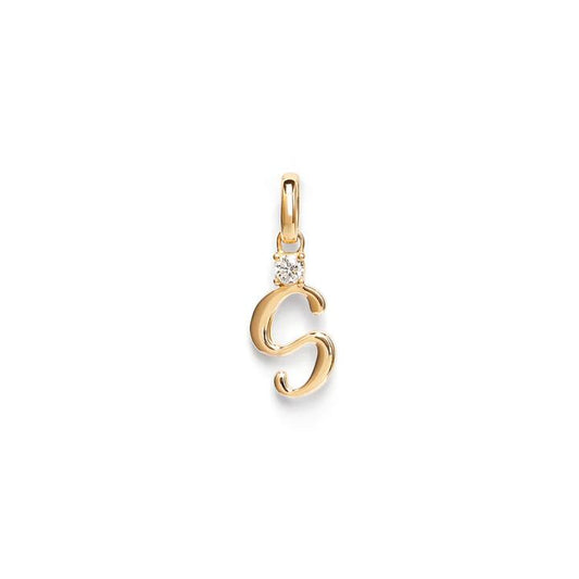 Image of Charms. Productname: Initial S Pendant with Solitaire 0.05ct Laboratory-Grown Diamond in 9kt Yellow Gold in Diamond colour by brand - Bevilles