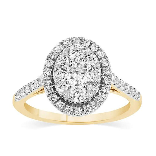 Image of Jewelry. Productname: Oval Shape Cluster Halo Ring with 1.00tw of Laboratory-Grown Diamonds in 9kt Yellow Gold in Diamond colour by brand - Bevilles