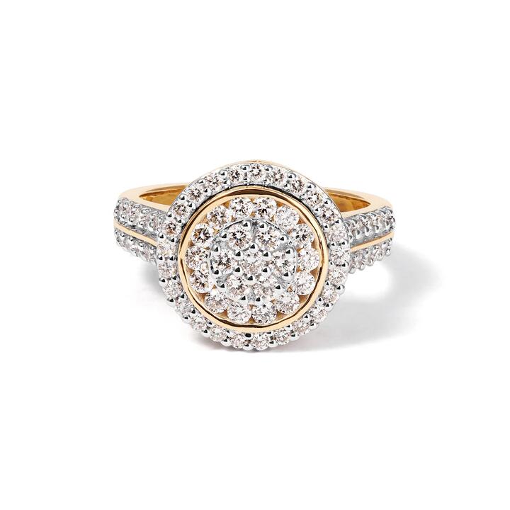 Image of Jewelry. Productname: Round Cluster Ring with 1.00tw of Laboratory-Grown Diamonds in 9kt Yellow Gold in Diamond colour by brand - Bevilles