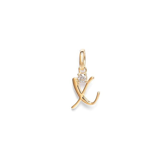 Image of Charms. Productname: Initial X Pendant with Solitaire 0.05ct Laboratory-Grown Diamond in 9kt Yellow Gold in Diamond colour by brand - Bevilles