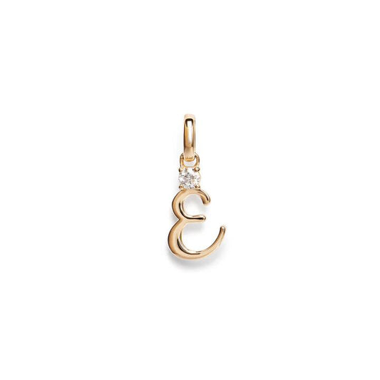 Image of Charms. Productname: Initial E Pendant with 0.05ct of Laboratory-Grown Diamonds in 9kt Yellow Gold in Diamond colour by brand - Bevilles