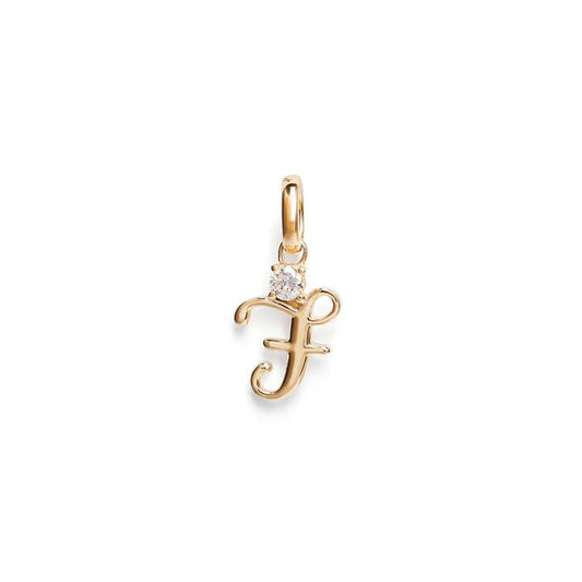 Image of Charms. Productname: Initial F Pendant with 0.05ct of Laboratory-Grown Diamonds in 9kt Yellow Gold in Diamond colour by brand - Bevilles