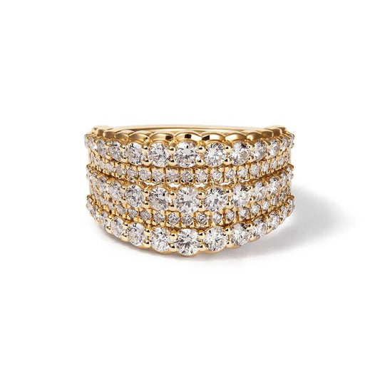Image of a model wearing Dress. Productname: Multirow Dress Ring with 1.98tw of Laboratory-Grown Diamonds in 9kt Yellow Gold in Diamond colour by brand - Bevilles