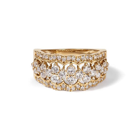 Image of a model wearing Dress. Productname: Multirow Dress Ring with 1.16tw of Laboratory-Grown Diamonds in 9kt Yellow Gold in Diamond colour by brand - Bevilles