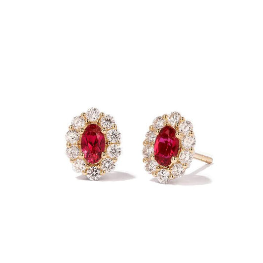 Image of Earrings. Productname: Oval Created Ruby Halo Stud Earrings with 0.44tw of Laboratory-Grown Diamonds in 9kt Yellow Gold in Diamond colour by brand - Bevilles