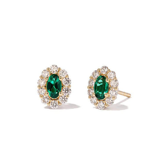 Image of Earrings. Productname: Oval Created Emerald Halo Stud Earrings with 0.44tw of Laboratory-Grown Diamonds in 9kt Yellow Gold in Diamond colour by brand - Bevilles