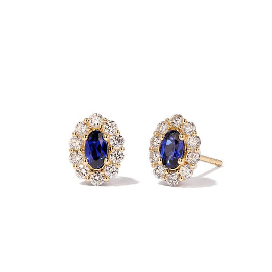 Image of Earrings. Productname: Oval Created Sapphire Halo Stud Earrings with 0.44tw of Laboratory-Grown Diamonds in 9kt Yellow Gold in Diamond colour by brand - Bevilles